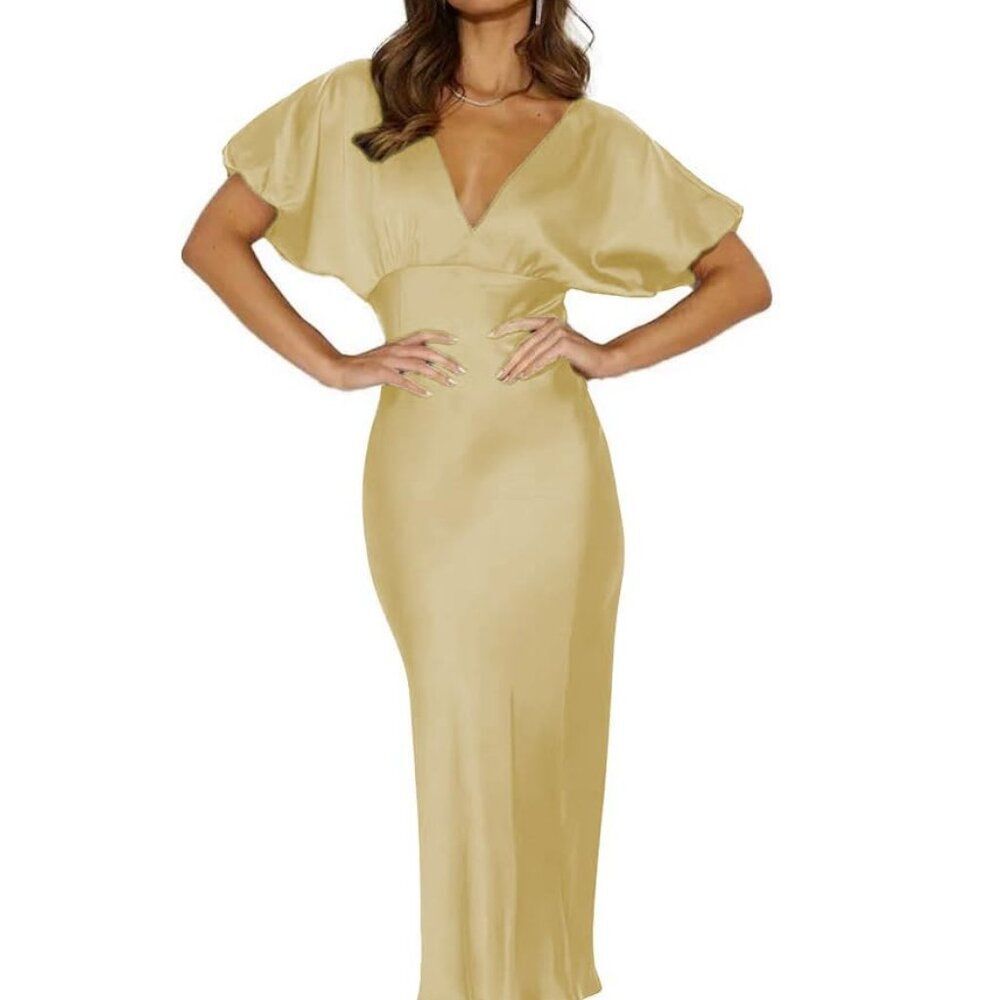 Elegant Gold Satin V-Neck Wedding Dress